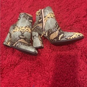 Green, black and  yellow snake print ankle faux leather boots